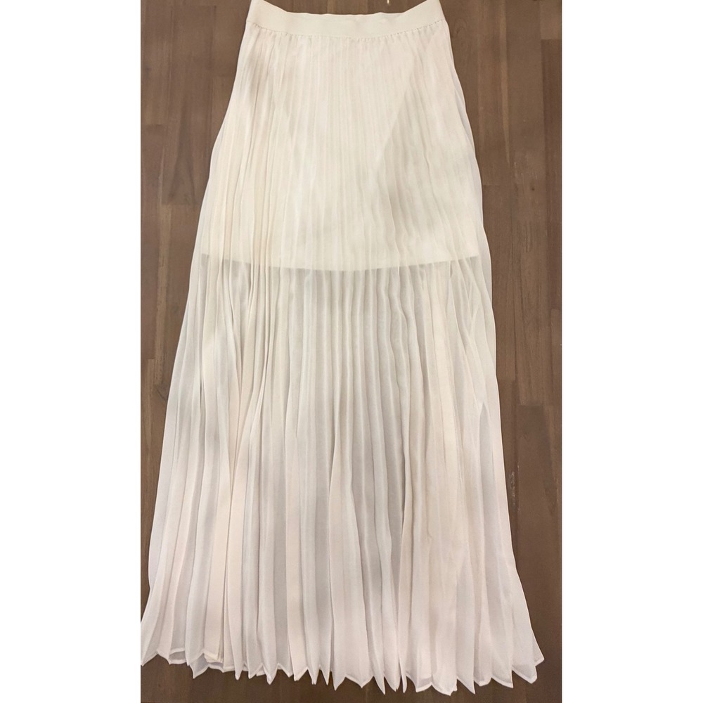 Cream Pleated Maxi Skirt Womens Small Sheer Overlay High Waist